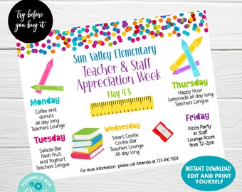 Teacher & Staff Appreciation Editable Flyer, Instant Download, Appreciation Week Schedule, Appreciation Week Event Template