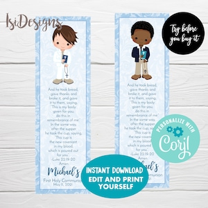Blue First Holy Communion Bookmark Favors, Editable Communion Favors, Boy Communion, Recuerdos Oracion de Primera Comunion