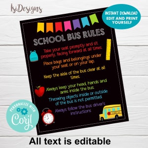 School Bus Safety Rules, Instant Download, Editable Template, Back to School, Bus Rules Editable Chalkboard Poster, School Printable