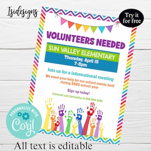Puede incluir: Un folleto colorido con el texto "VOLUNTARIOS NECESITADOS" para Sun Valley Elementary. El folleto incluye la fecha y hora de una reunión informativa, un llamado a la acción e información de contacto. El diseño presenta un borde arcoíris y huellas de manos.