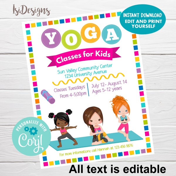 Kids Yoga Classes Editable Flyer, INSTANT DOWNLOAD Yoga Studio Marketing Flyer, Yoga Summer Classes for Kids, Community Event Flyer