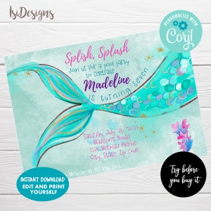 Turquoise Mermaid Birthday Invitation, Digital Download, Editable Mermaid Pool Party Girl Birthday Invitation