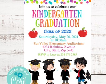 May include: A colorful invitation for a kindergarten graduation party. The invitation features a rainbow-colored text that reads "Kindergarten Graduation" and "Class of 202X". The invitation also includes a date, time, and location for the event. The invitation is decorated with colorful confetti and images of children wearing graduation caps.