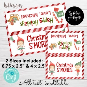 Op de afbeelding: Kerstcadeaulabels met rood-witte gestreepte randen. De labels bevatten feestelijke illustraties van elfen, slee&euml;n en zuurstokken. Tekst bevat "Happy Holidays", "Christmas S'Mores" en bewerkbare tekstopties. Twee maten zijn inbegrepen: 17.1 x 6.4 cm en 10.2 x 6.4 cm.