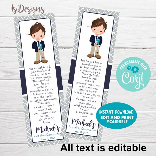 First Communion Editable Bookmark, Personalized Boy Communion Favors, Tarjeta de Oración de Primera Comunión