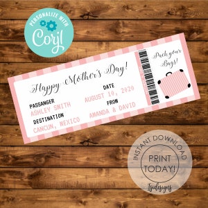 Carte d’embarquement pour la fête des mères, billet cadeau modifiable, voyage surprise, bon imprimable, TÉLÉCHARGEMENT INSTANTANÉ, idée cadeau surprise pour la fête des mères