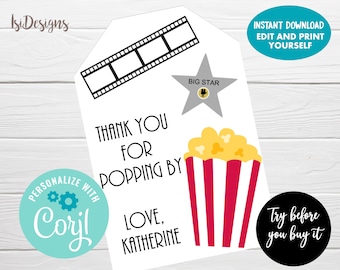 Movie night birthday favor tags, Instant Download, Editable Popcorn gift tags