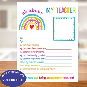 All About My Teacher Rainbow Fill in the Blanks Letter, Instant Download, Teacher Appreciation, End of School Gift