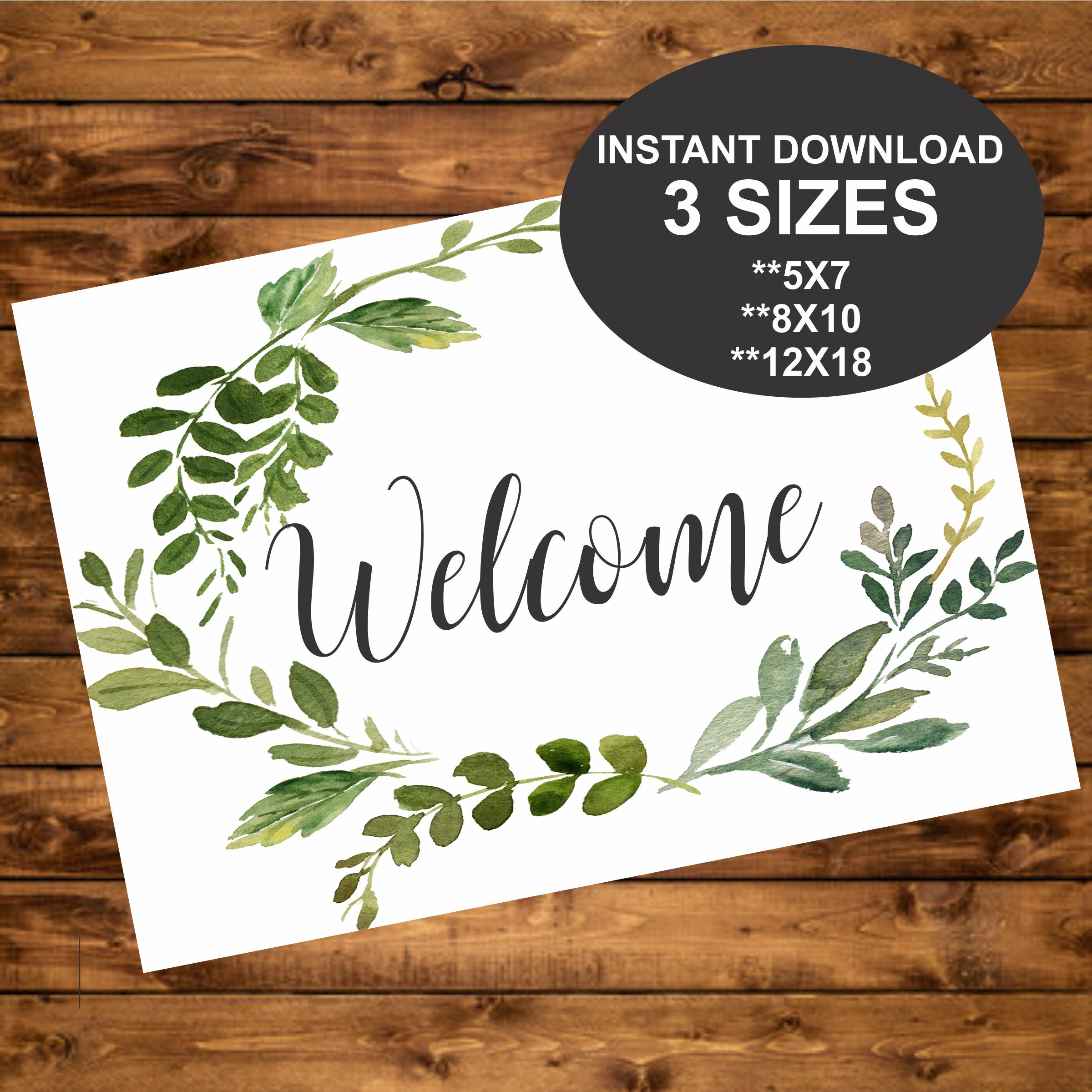 Greenery Welcome Sign INSTANT DOWNLOAD Watercolor Leaf | Etsy