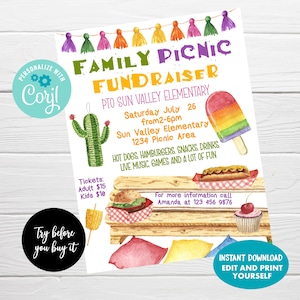 May include: A printable flyer for a family picnic fundraiser at Sun Valley Elementary. The flyer features a colorful illustration of a picnic scene with a hot dog, hamburger, popsicle, cupcake, and corn on the cob. The text on the flyer reads "Family Picnic Fundraiser" and includes the date, time, and location of the event. Tickets are $15 for adults and $10 for kids.