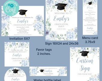 Editable Graduation Party Bundle Corjl Template, Blue Floral High School College Graduation Decor