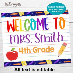 Welcome Classroom Sign, Instant Download, Editable Teacher Classroom Door Sign, Kindergarten Elementary Door Decoration, School Printable