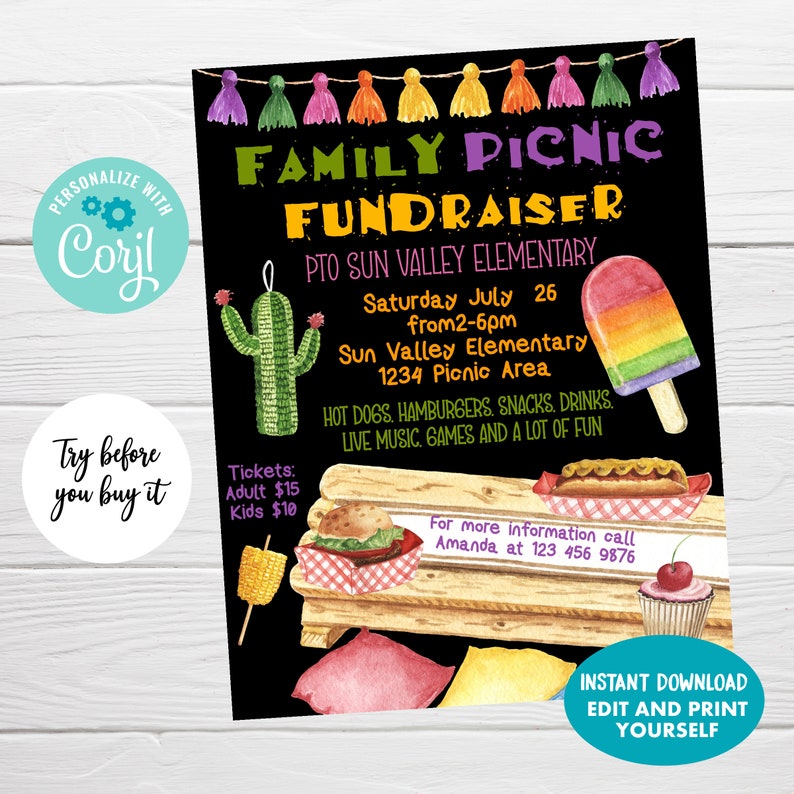 May include: A black chalkboard style flyer with colorful text announcing a Family Picnic Fundraiser for Sun Valley Elementary. The flyer includes details about the event, including the date, time, location, and ticket prices. The flyer also features illustrations of a cactus, a popsicle, a hot dog, a hamburger, and a cupcake.