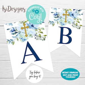 May include: A printable banner featuring blue and white watercolour flowers, gold crosses, and navy blue letters spelling "AB". The banner is designed for a baptism or christening.