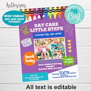 Inschrijvingsflyer voor kinderopvang, bewerkbare registratieflyer voor kinderopvang, direct downloaden, toegang tot open huis, voorschoolse marketingsjabloon