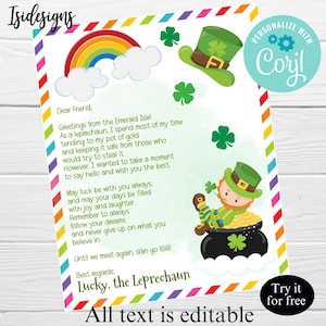 St. Patrick's Day Letter From The Leprechaun, Personalized Leprechaun Note For Kids, Instant Download, Lucky Leprechaun Trap Message