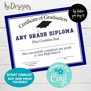 Editable Certificate of Graduation, Instant Download, Any Grade Graduation Diploma, Achievement Certificate Template
