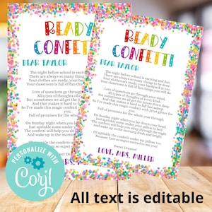 Ready Confetti Editable Letter, Night Before First Day of School, Instant Download, Back to School, 1st day of School Poem