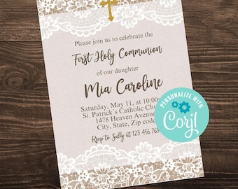 First Holy Communion Editable Invitation - Instant Download - Burlap and Lace Invite