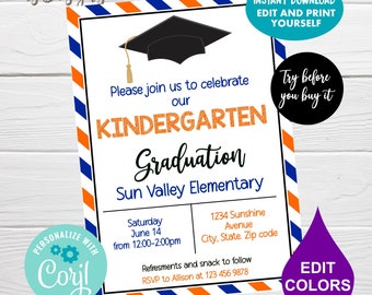 May include: A printable invitation for a kindergarten graduation party. The invitation features a graduation cap, the words "Kindergarten Graduation", and the text "Please join us to celebrate our Kindergarten Graduation. Sun Valley Elementary. Saturday, June 14 from 12:00-2:00pm. 1234 Sunshine Avenue, City, State, Zip code. Refreshments and snack to follow. RSVP to Allison at 123 456 9878."