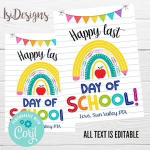 Happy Last day of School Editable Gift Tag, Rainbow End of School Tags, Summer Gift Tags, Teacher Classmate Preschool Kindergarten Tags