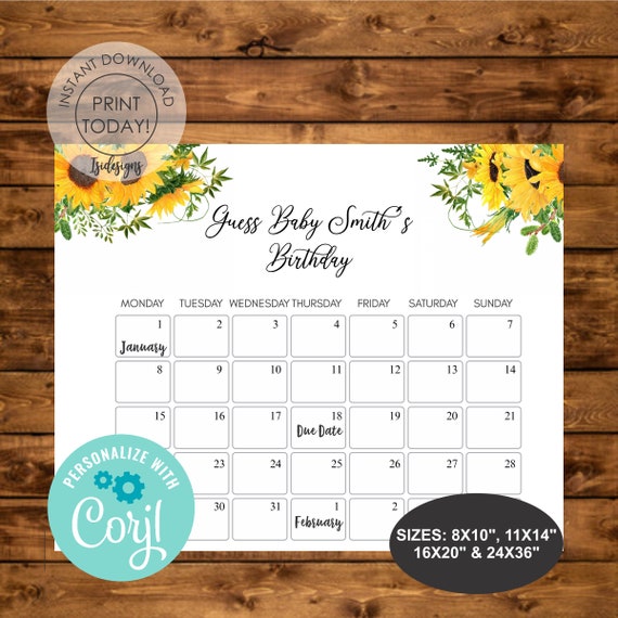 sunflower-editable-due-date-calendar-guess-babys-birthday-editable