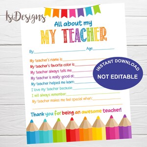 All About My Teacher Printable Letter, Instant Download, Teacher Appreciation, End of School Gift, Teacher Keepsake