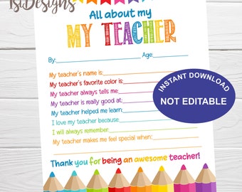 All About My Teacher Printable Letter, Instant Download, Teacher Appreciation, End of School Gift, Teacher Keepsake
