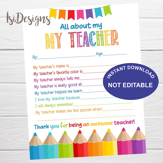 All About My Teacher Printable Letter Instant Download Teacher