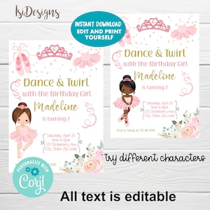 May include: A pink and gold printable invitation for a dance and twirl birthday party. The invitation features a ballerina with brown hair and a pink tutu, and the text "Dance & Twirl with the Birthday Girl Madeline is turning 7".