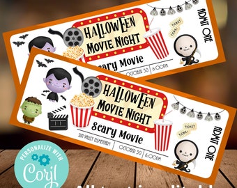 Biljett för Halloween-filmkväll, inbjudan till filmfest, redigerbar, direktnedladdning, biljett för filmkväll, Halloween-filmfödelsedag