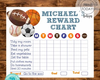Sports Chore Chart Template, Children Reward Chart, Editable Responsibilities Chart, Instant Download, Boys Home Activites Chart