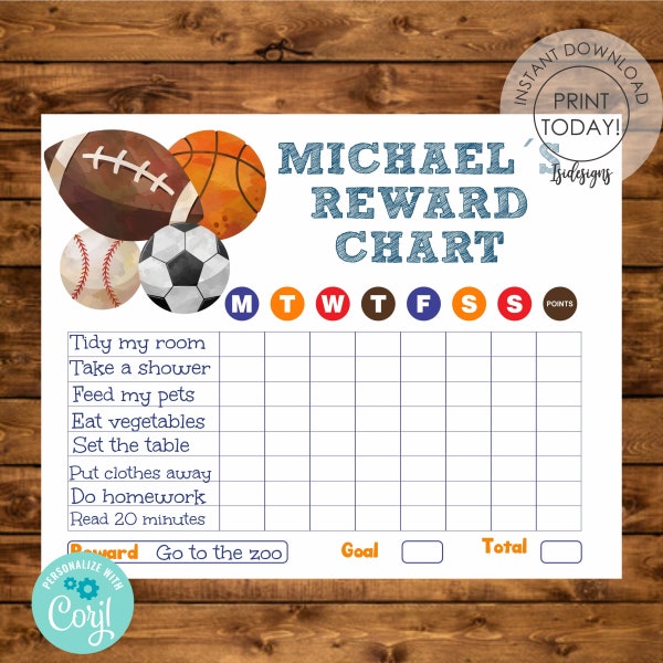 Sports Chore Chart Template, Children Reward Chart, Editable Responsibilities Chart, Instant Download, Boys Home Activites Chart