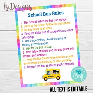 Editable School Bus Rules, Personalized Safety Rules, Back to school Printable Sign, Instant Download