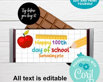 Happy 100th day of School Chocolate Bar Wrapper, Editable Candy Wrapper, Instant Download, PTO/PTA favor labels