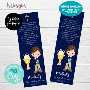 Editable First Holy Communion Bookmark, Instant Download, Boy Communion Favor Tags, Recuerdos Primera Comunion
