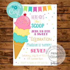 Ice Cream Birthday Editable Invitation, Instant Download, Girl Birthday Digital Invite, Summer Invitation, pool Party Ice Cream Invite