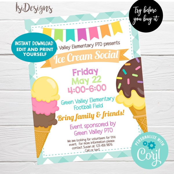 Ice Cream Social Event Flyer, Editable PTA PTO Fundraiser Flyer, Ice Cream Party, School Church Fundraiser Poster, Instant Download