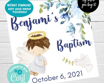 Baptism Favor Tag, Editable Blue Floral Angel Gift Tag, Instant Download