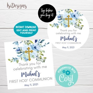 May include: Blue and gold watercolor floral design with a cross and the text "Thank you for celebrating with me Michael's First Holy Communion May 11, 2021".