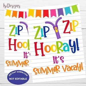 Zip Armband Gift Tag Zip Zip Hoera Het is zomervakantie, Fidget Tags, Preschool Summer Gift Tag, Afdrukbare laatste schooldag Non-Candy Tags