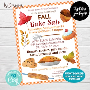 Editable Fall Bake Sale Flyer, Fall Festival, Autumn Bakery Invitation, PTO /PTA Event Fundraiser Template, School Church Bake Sale