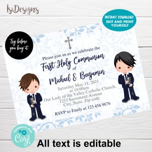 First Communion Editable Invitation, Instant Download, Boys Communion Card, Tarjeta de Primera Comunión, Brothers Communion Invite