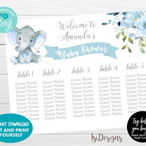 Olifant bewerkbare zitplaatsen grafiek, Instant Download, blauwe baby shower tabelgrafiek, baby shower decoratie