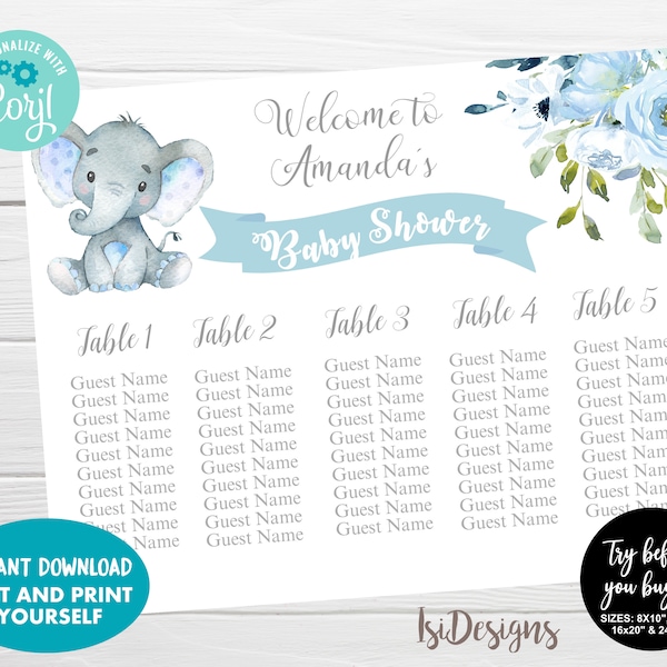 Elephant Editable Seating Chart, Instant Download, Blue Baby Shower Table Chart, Baby Shower Decoration