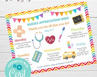 Nurse Appreciation Week Calendar, CNA Week Itinerary Editable Template, Medical National Nurses Week, Medical Staff Weekly Schedule Events