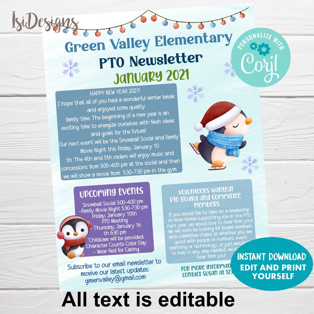 Winter Newsletter Template, Editable Monthly Events Agenda, January Winter Newsletter Template, Editable Monthly Events Agenda, January