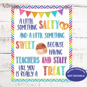Waardering teken, iets zoute zoete traktatie dank u teken, leraar en personeel school waardering pretzel chocolade afdrukbaar teken
