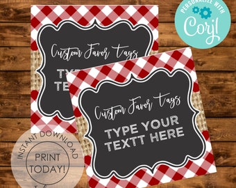 BBQ Editable Favor Tags, Printable Baby Shower Favors, Instant Download, BabyQ Gift Tags, Personalized BBQ Red Editable Favor Tags