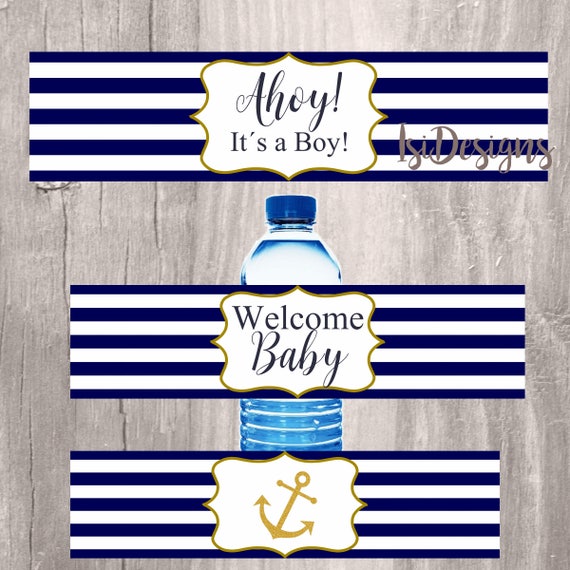 Nautical water bottle labels, printable navy and gold baby shower nautical labels, Instant Download, Ahoy its a boy nautical shower labels Il_570xn